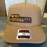 Wheat brown 5-panel mid-profile cap with HERMOSA AVE embroidery and brim sticker, ideal for casual everyday wear.