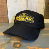 Black cotton dad hat with yellow embroidered text, six-panel low profile design; suitable for casual everyday wear.