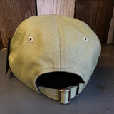 Desert green dad hat with classic mini logo, features adjustable strap and metal clasp for fit.