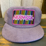 Moonstone purple corduroy hat with a HERMOSA patch and rainbow stripes, ideal for casual outings.