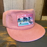 Blush pink corduroy cap with a Palm Springs, California patch; classic style, suitable for outings or casual use.