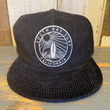 Black corduroy field trip hat with vintage workwear-inspired design and SOUTH BAY SURF CALIFORNIA text embroidery.