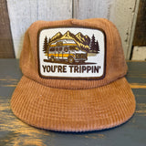Camel corduroy field trip hat with van, mountain, and tree graphic; casual outdoor accessory.