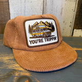 Camel corduroy field trip hat featuring a patch with a vintage van, mountains, and trees.