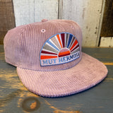 Hazy pink corduroy hat with a sunburst patch, designed for casual wear.