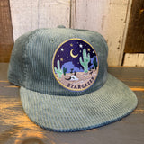 Sage green corduroy hat with a Stargazer patch, ideal for casual wear.