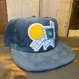 Slate blue corduroy lifeguard tower hat on a wooden surface, designed for casual wear.