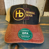Six-panel trucker cap in black, cardinal, and khaki with Hermosa Beach logo and mesh back for ventilation.
