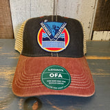 Brown mesh six-panel trucker cap with volleyball patch and OFA sticker, designed for casual wear.