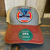 Light blue and cardinal six-panel trucker cap with mesh back, featuring a Hermosa Volleyball patch on the front.