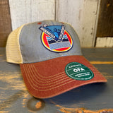 Light blue and cardinal trucker cap with mesh panels and volleyball-themed patch. Suitable for casual, sporty use.