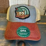 Trucker cap with mesh back, light blue and cardinal colors, features woodsy owl graphic. Suitable for casual outdoor use.