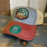 Six-panel trucker cap with mesh back in light blue and cardinal colors. Suitable for casual outdoor wear.