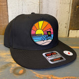 Colorful embroidered sunset decorates this 5-panel snapback hat, ideal for casual wear at Hermosa Beach.