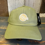 Desert green cotton dad hat with small logo, displayed on a wooden surface.
