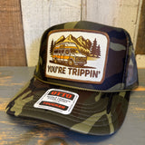 Camo trucker hat with front camper van and mountain patch embroidered; durable for casual, everyday wear.