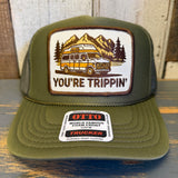 Olive high crown trucker hat with patch featuring a van and mountains, made of mesh and fabric for casual wear.