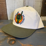 Two-tone cactus/natural workhorse hat with cactus patch and snapback; sturdy design for versatile use.