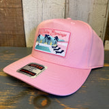 Pink 5-panel cotton cap featuring a palm trees, lounge chairs, and sunset patch; ideal for casual outdoor wear.