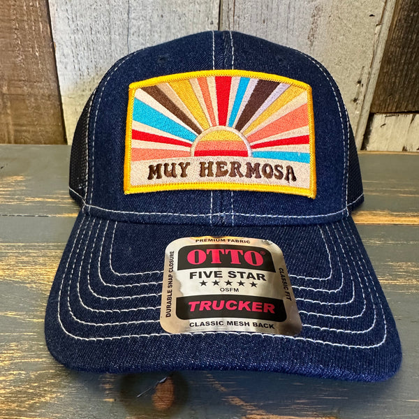 Hermosa Beach MUY HERMOSA Premium 6 Panel Denim Trucker Hat - Navy/White Stitching