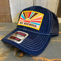 Hermosa Beach MUY HERMOSA Premium 6 Panel Denim Trucker Hat - Navy/White Stitching