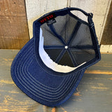 Hermosa Beach MUY HERMOSA Premium 6 Panel Denim Trucker Hat - Navy/White Stitching