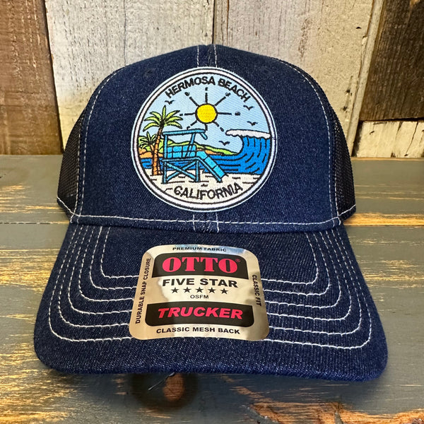 Hermosa Beach SHOREFRONT Premium 6 Panel Denim Trucker Hat - Navy/White Stitching