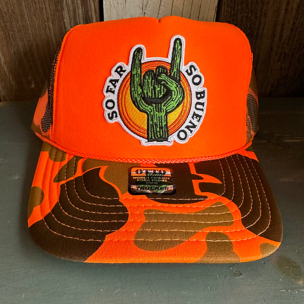 SO FAR :: SO BUENO High Crown Trucker Hat - Neon Orange Hunters Camo
