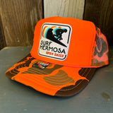 SURF HERMOSA :: OPEN DAILY High Crown Trucker Hat - Neon Orange Hunters Camo