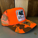 SURF HERMOSA :: OPEN DAILY High Crown Trucker Hat - Neon Orange Hunters Camo