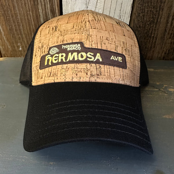 Hermosa Beach HERMOSA AVE Premium Cork Low Profile Mesh Back Trucker Hat - (Black/Cork)