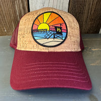 Hermosa Beach OBLIGATORY SUNSET Premium Cork Low Profile Mesh Back Trucker Hat - (Maroon/Cork)