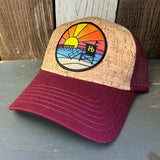 Hermosa Beach OBLIGATORY SUNSET Premium Cork Low Profile Mesh Back Trucker Hat - (Maroon/Cork)