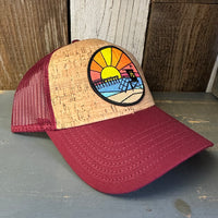 Hermosa Beach OBLIGATORY SUNSET Premium Cork Low Profile Mesh Back Trucker Hat - (Maroon/Cork)