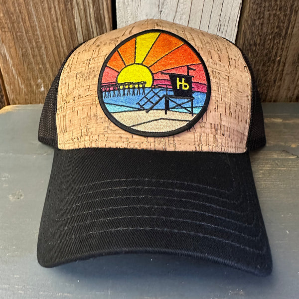 Hermosa Beach OBLIGATORY SUNSET Premium Cork Low Profile Mesh Back Trucker Hat - (Black/Cork)