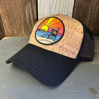 Hermosa Beach OBLIGATORY SUNSET Premium Cork Low Profile Mesh Back Trucker Hat - (Black/Cork)
