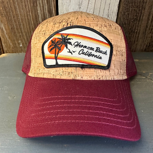 Hermosa Beach RETRO SUNSET Premium Cork Low Profile Mesh Back Trucker Hat - (Maroon/Cork)