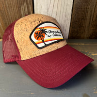 Hermosa Beach RETRO SUNSET Premium Cork Low Profile Mesh Back Trucker Hat - (Maroon/Cork)