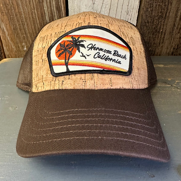 Hermosa Beach RETRO SUNSET Premium Cork Low Profile Mesh Back Trucker Hat - (Brown/Cork)