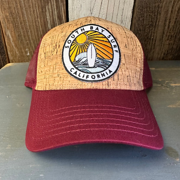 SOUTH BAY SURF (Multi Colored Patch) Premium Cork Low Profile Mesh Back Trucker Hat - (Maroon/Cork)