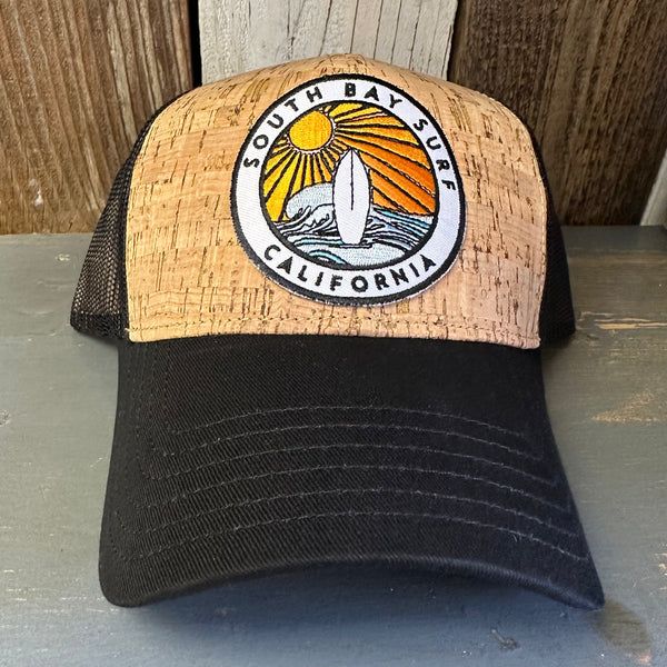 SOUTH BAY SURF (Multi Colored Patch) Premium Cork Low Profile Mesh Back Trucker Hat - (Black/Cork)