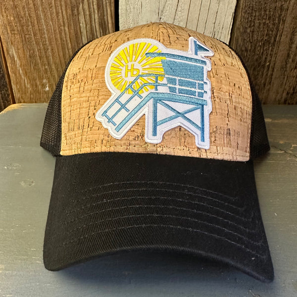 Hermosa Beach NORTH OF PIER LIFEGUARD TOWER Premium Cork Low Profile Mesh Back Trucker Hat - (Black/Cork)