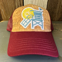 Hermosa Beach NORTH OF PIER LIFEGUARD TOWER Premium Cork Low Profile Mesh Back Trucker Hat - (Maroon/Cork)