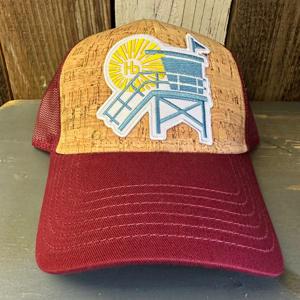 Hermosa Beach NORTH OF PIER LIFEGUARD TOWER Premium Cork Low Profile Mesh Back Trucker Hat - (Maroon/Cork)