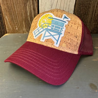 Hermosa Beach NORTH OF PIER LIFEGUARD TOWER Premium Cork Low Profile Mesh Back Trucker Hat - (Maroon/Cork)