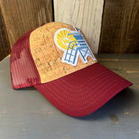 Hermosa Beach NORTH OF PIER LIFEGUARD TOWER Premium Cork Low Profile Mesh Back Trucker Hat - (Maroon/Cork)