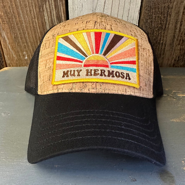 Hermosa Beach MUY HERMOSA Premium Cork Low Profile Mesh Back Trucker Hat - (Black/Cork)