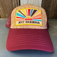 Hermosa Beach MUY HERMOSA Premium Cork Low Profile Mesh Back Trucker Hat - (Maroon/Cork)