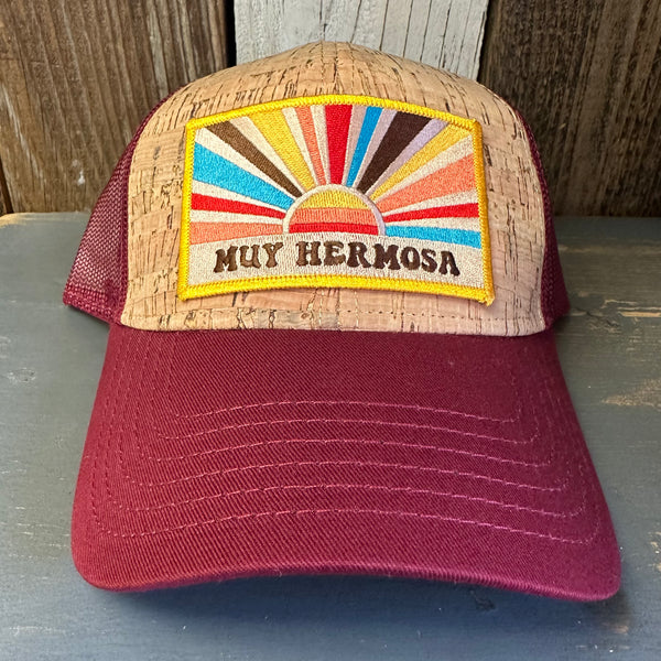 Hermosa Beach MUY HERMOSA Premium Cork Low Profile Mesh Back Trucker Hat - (Maroon/Cork)