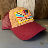 Hermosa Beach MUY HERMOSA Premium Cork Low Profile Mesh Back Trucker Hat - (Maroon/Cork)